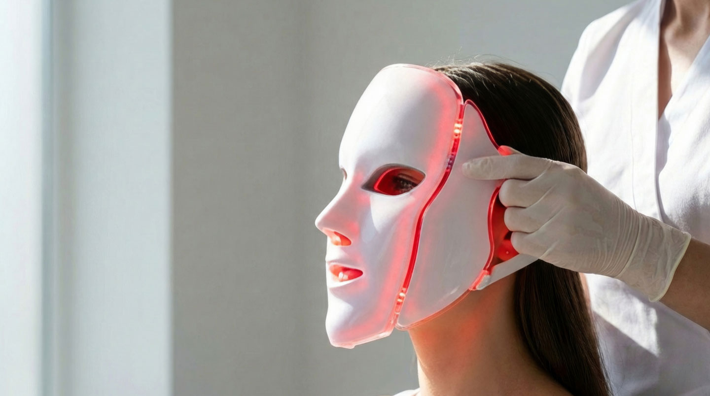 Traitement du visage par photothérapie LED rouge dans un cabinet de dermatologie esthétique contemporain